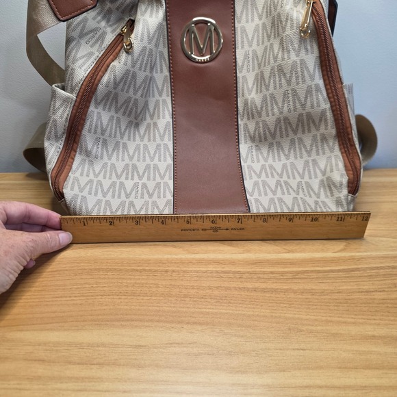 Marco Beige Logo Convertible Backpack Purse Shoulder Bag Brown Trim - Picture 14 of 14